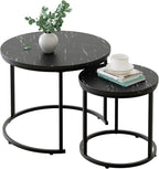 aboxoo Round Nesting Coffee Table Side Set of 2 End Tables for Living Room Bedroom Balcony,Black Faux Marble Wooden Table 23.6IN Accent Large Coffee Table with Steel Frame