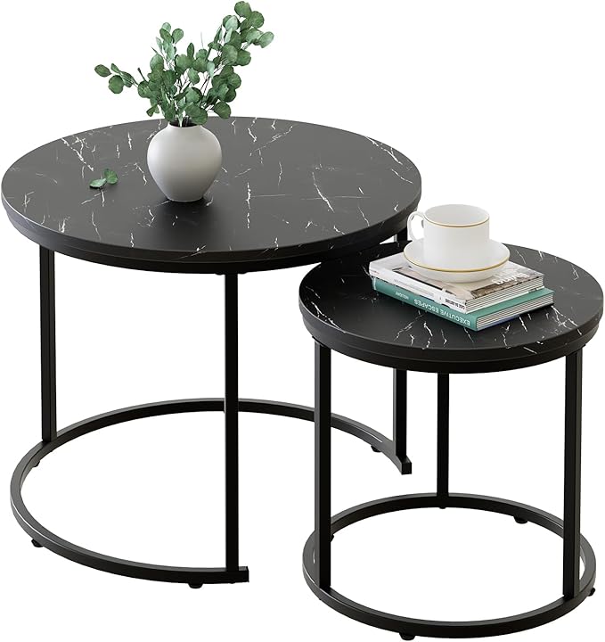 aboxoo Round Nesting Coffee Table Side Set of 2 End Tables for Living Room Bedroom Balcony,Black Faux Marble Wooden Table 23.6IN Accent Large Coffee Table with Steel Frame