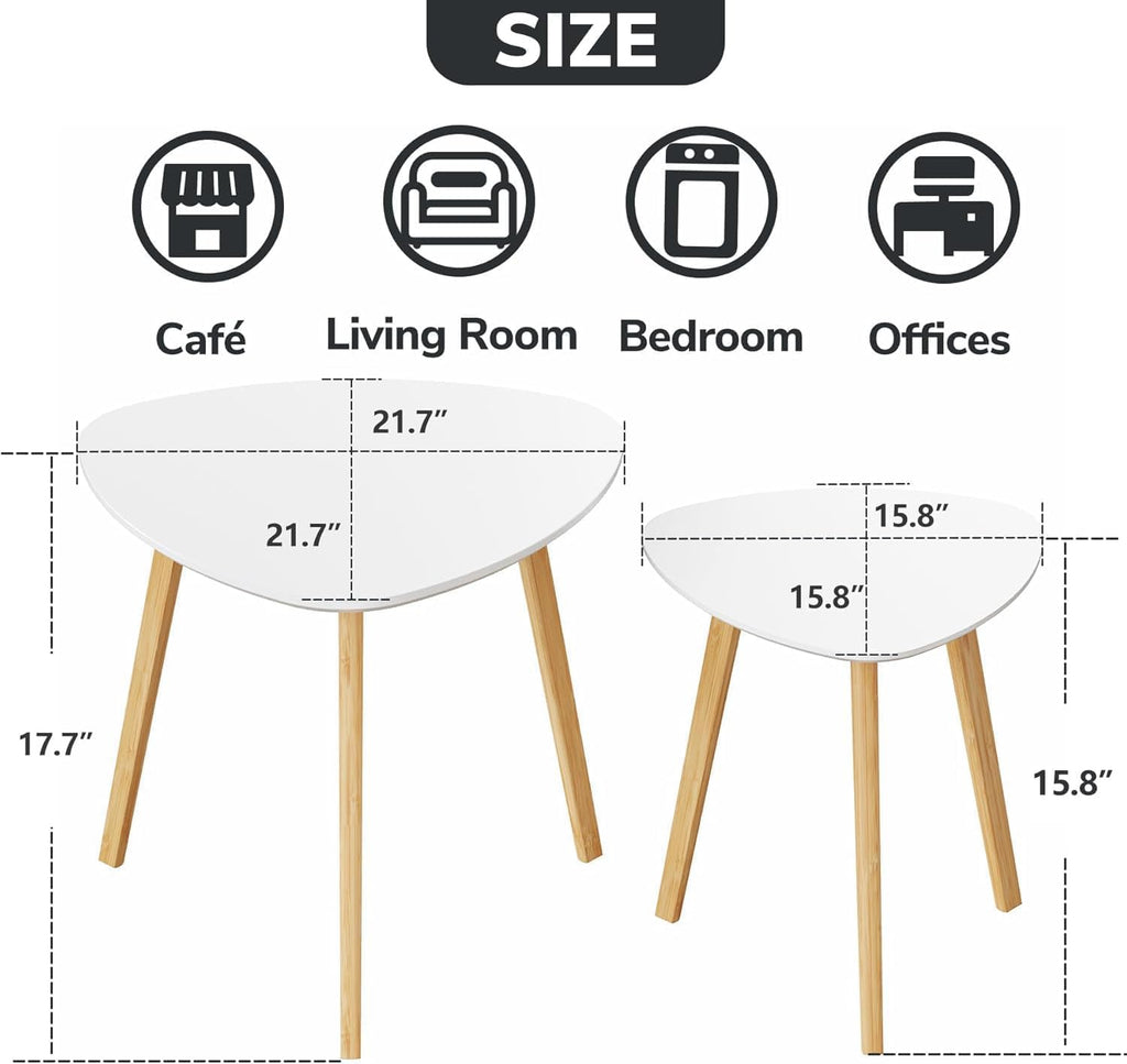 BAMEOS Bamboo Nesting Triangle End Table,Set of 2 Side Table Modern Minimalist Coffee Table for Living Room, Balcony in White