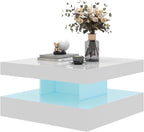 HedoAjim White LED Coffee Table for Living Room, 2-Tier Square Center Table Living Room Table, Modern High Glossy Contemporary Wood Coffee Tables with Storage, Suitable for Dining Reception