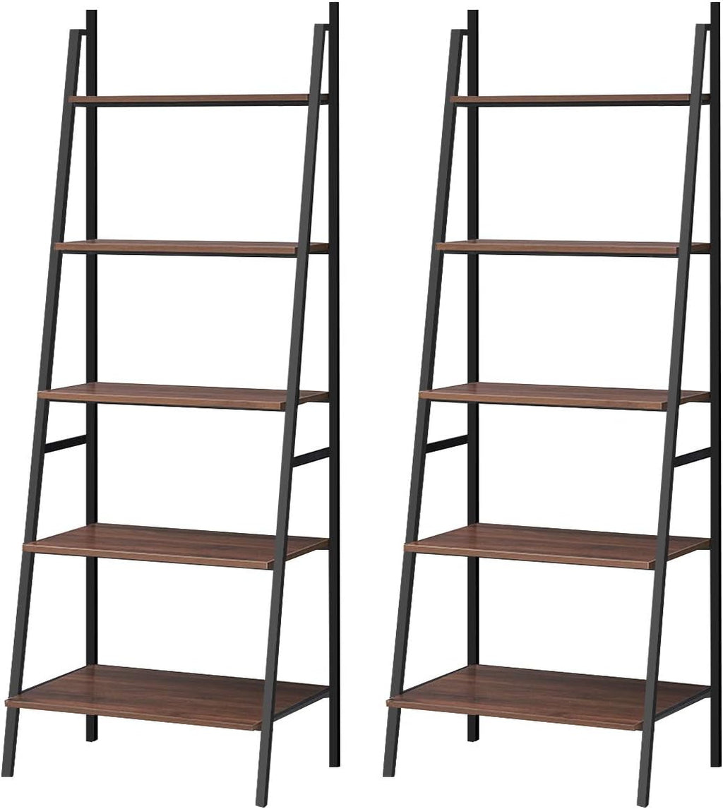 Tangkula Ladder Shelf (Set of 2), 5 Tier Industrial Bookcase, Multifunctional Display Bookshelf, Wooden Look Plant Flower Stand with Metal Frame, Decor Furniture for Home Office