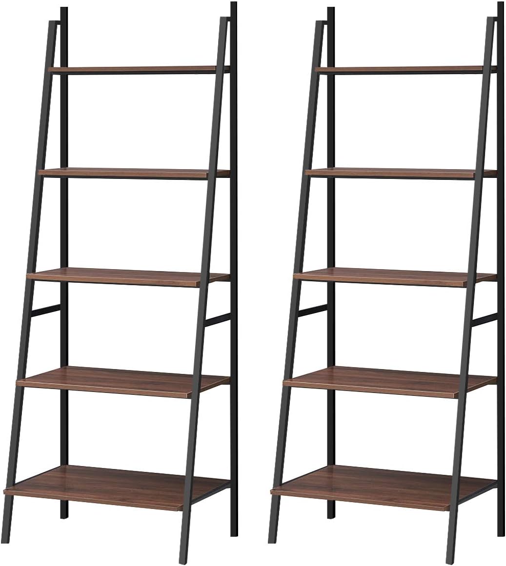 Tangkula Ladder Shelf (Set of 2), 5 Tier Industrial Bookcase, Multifunctional Display Bookshelf, Wooden Look Plant Flower Stand with Metal Frame, Decor Furniture for Home Office