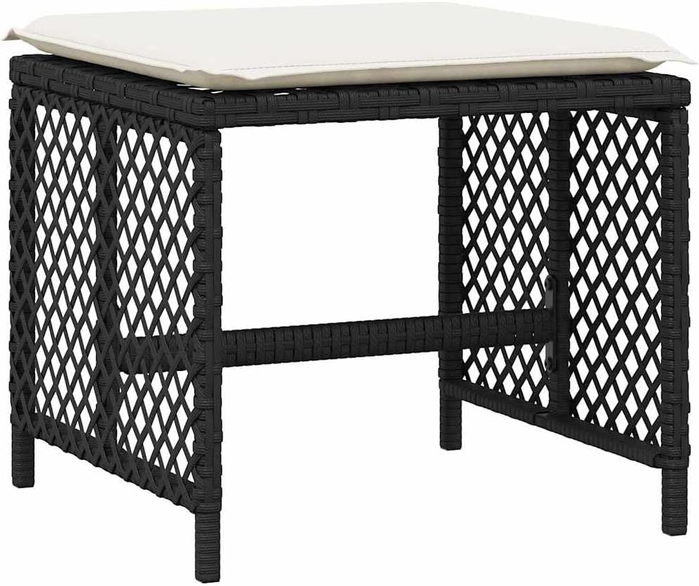 4-Piece Garden Stool Set in Black with Poly Rattan and Powder-Coated Steel, Square Outdoor Seats with Removable Washable Cushion Covers, 14.2-Inch Height for Patio Balcony