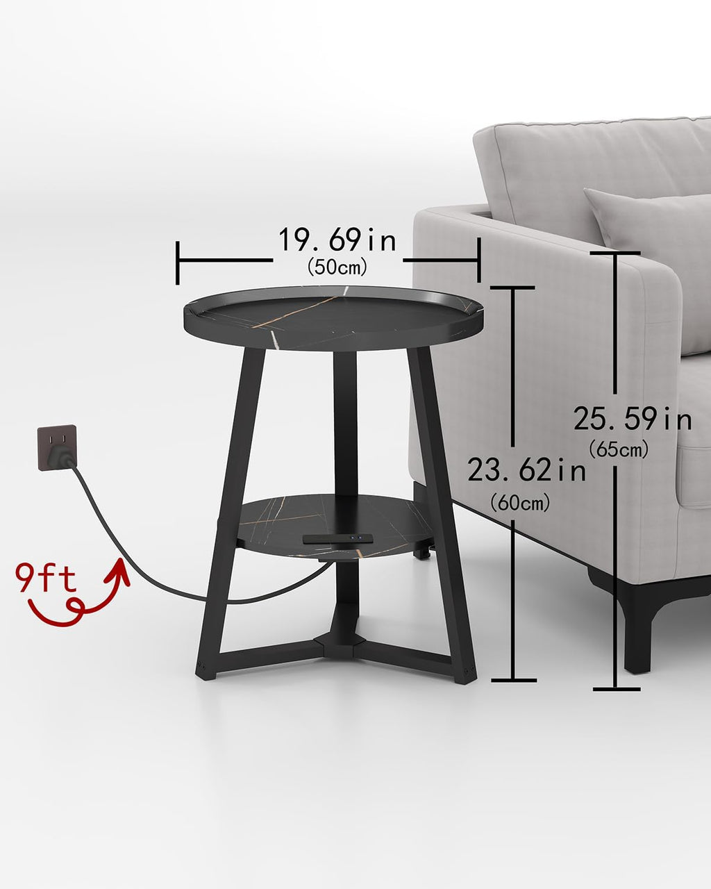 KJGKK Round End Table with Charging Station, 19.7" Dia x 23.63" H, Side Table with Storage Shelf, for Living Room, Bedroom, Faux Marble Top, Black