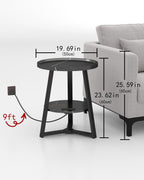 KJGKK Round End Table with Charging Station, 19.7" Dia x 23.63" H, Side Table with Storage Shelf, for Living Room, Bedroom, Faux Marble Top, Black