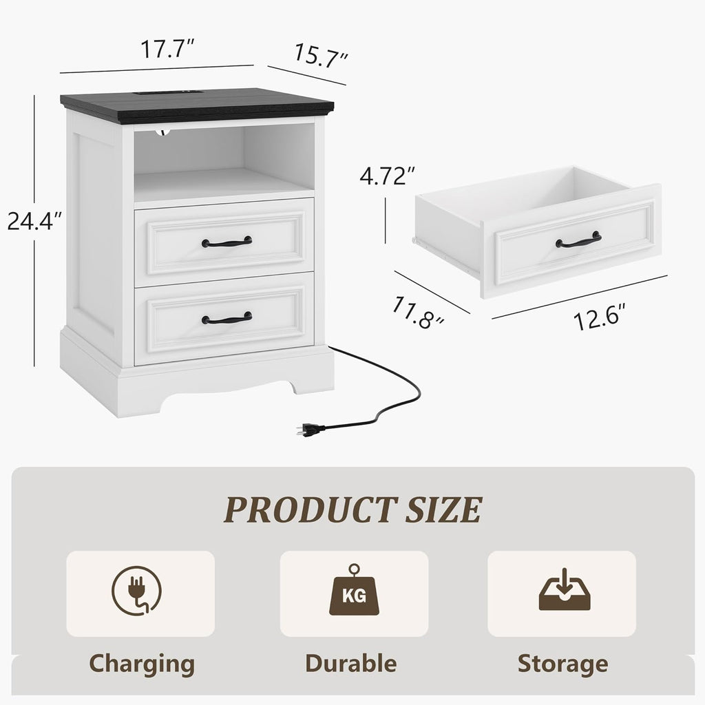 18" Farmhouse Nightstand Set of 2 with Charging Station, White End Table with 2 Drawers Storage, Wood Night Stand Side Table, Modern Bedside Cabinet for Bedroom Living Room, Dresser for Small Place