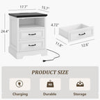 18" Farmhouse Nightstand Set of 2 with Charging Station, White End Table with 2 Drawers Storage, Wood Night Stand Side Table, Modern Bedside Cabinet for Bedroom Living Room, Dresser for Small Place