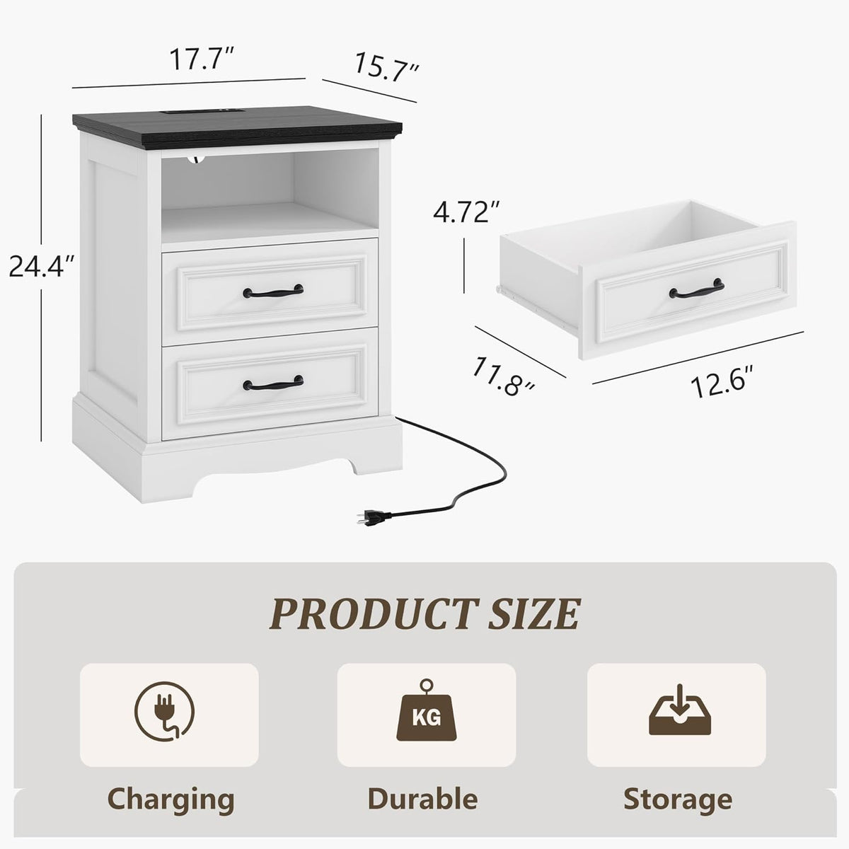 18" Farmhouse Nightstand Set of 2 with Charging Station, White End Table with 2 Drawers Storage, Wood Night Stand Side Table, Modern Bedside Cabinet for Bedroom Living Room, Dresser for Small Place