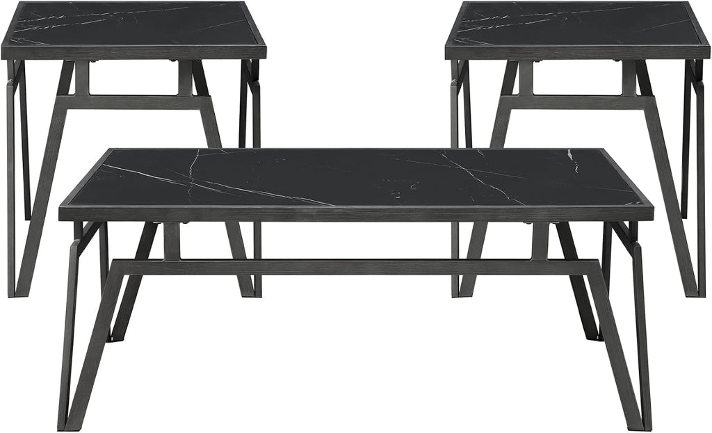 Modern Black 3pc Occasional Table Set with Sintered Stone Tops | Includes 1 cocktail table and 2 end tables with black sintered stone tops