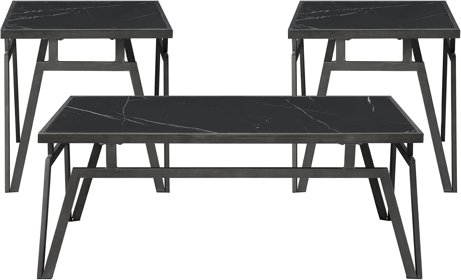 Modern Black 3pc Occasional Table Set with Sintered Stone Tops | Includes 1 cocktail table and 2 end tables with black sintered stone tops