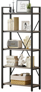Industrial Bookshelf, Etagere Bookcases and Book Shelf 5 Tier Shelves, Grey Wood and Metal Shelving Unit (Dark Gray Oak)