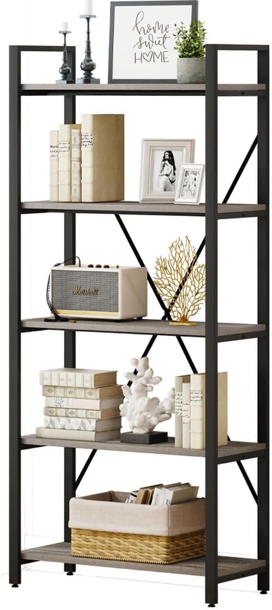 Industrial Bookshelf, Etagere Bookcases and Book Shelf 5 Tier Shelves, Grey Wood and Metal Shelving Unit (Dark Gray Oak)