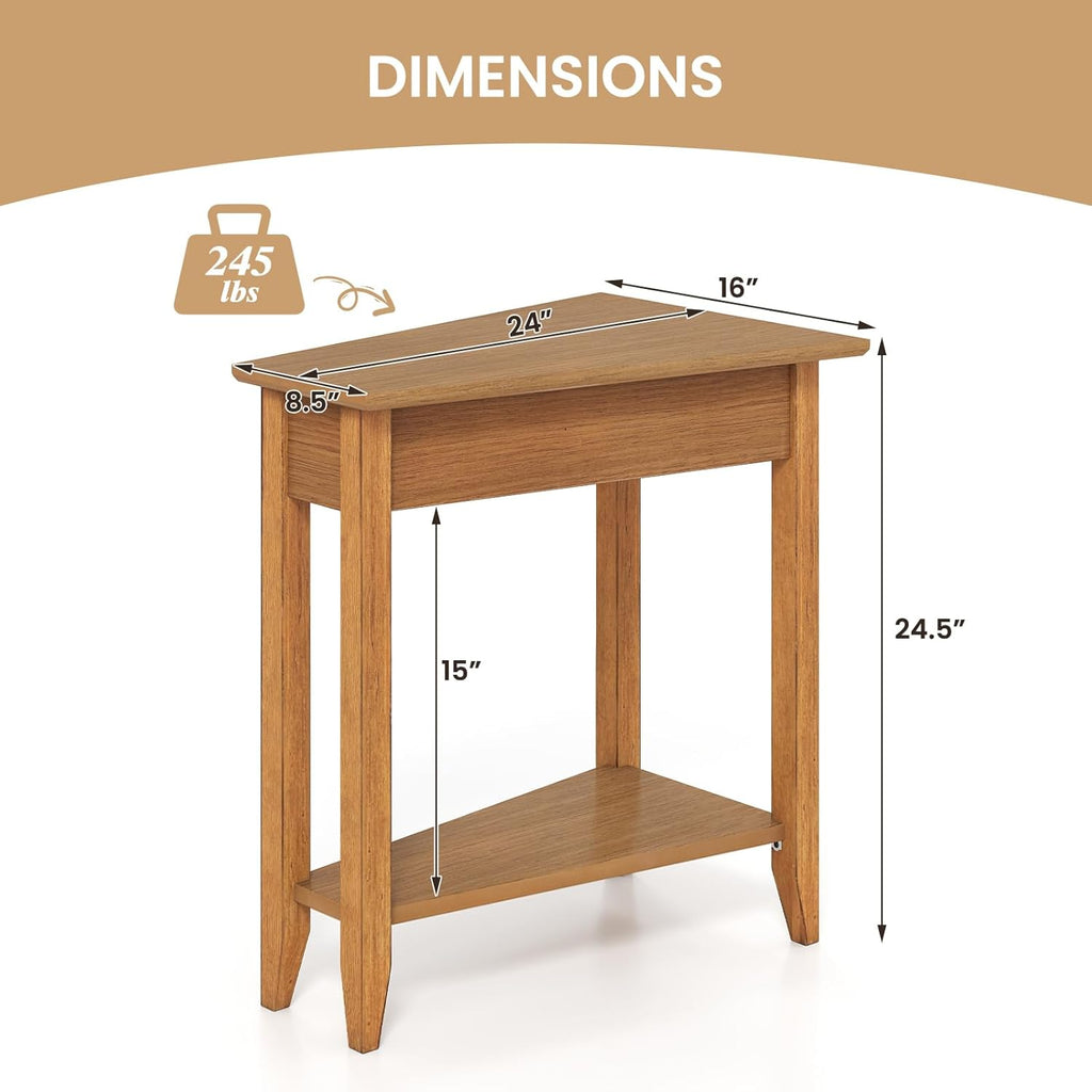 GOFLAME 2-Tier Wedge End Table Set of 2, Narrow Triangle Side Table with Storage Shelf, Solid Wood Legs, Nightstand, Recliner Wedge Table for Living Room, Bedroom, Small Space, Rustic Walnut
