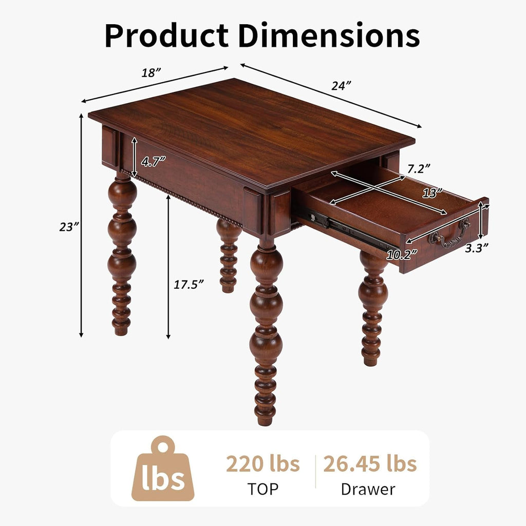 LKTART Wood End Table, Vintage Narrow Sofa Side Table with Storage Drawer, Bedside Table with Turned Wood Spindle Legs for Living Room Bedroom Small Space Home Office, No-Tools Assembly(Walnut)