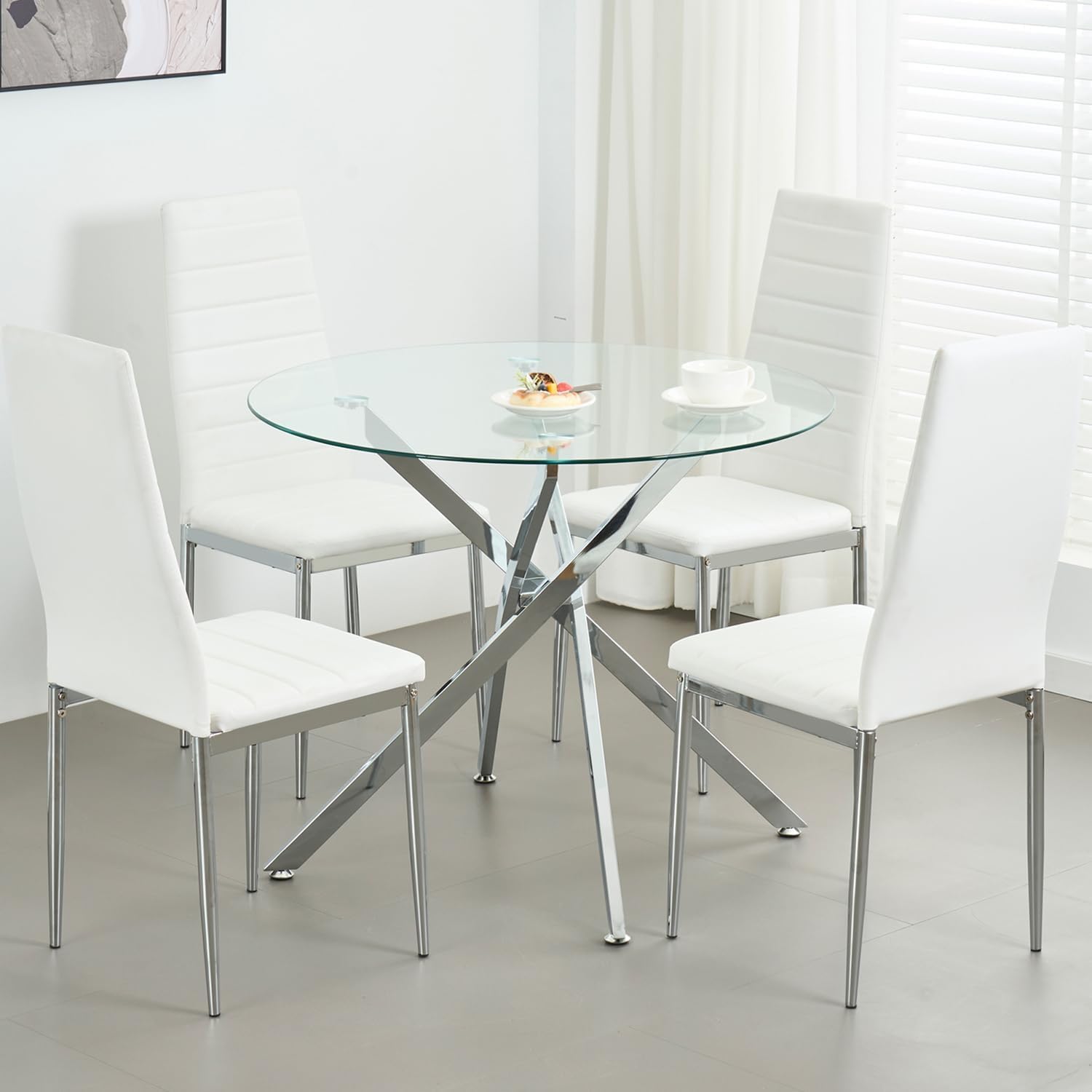 Modern Dining Table for 4 People, 36" Round Dining Table with Silver Chrome Metal X-Base, Circle Tempered Glass Dining Room Table, Small Kitchen Dining Room Tables Dinner Tables