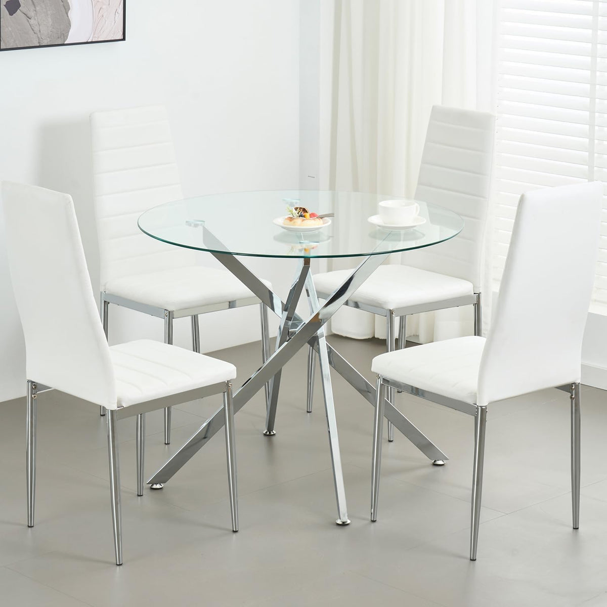 Modern Dining Table for 4-6 People, 47" Round Dining Table with Silver Chrome Metal X-Base, Circle Tempered Glass Dining Room Table, Small Kitchen Dining Room Tables Dinner Tables