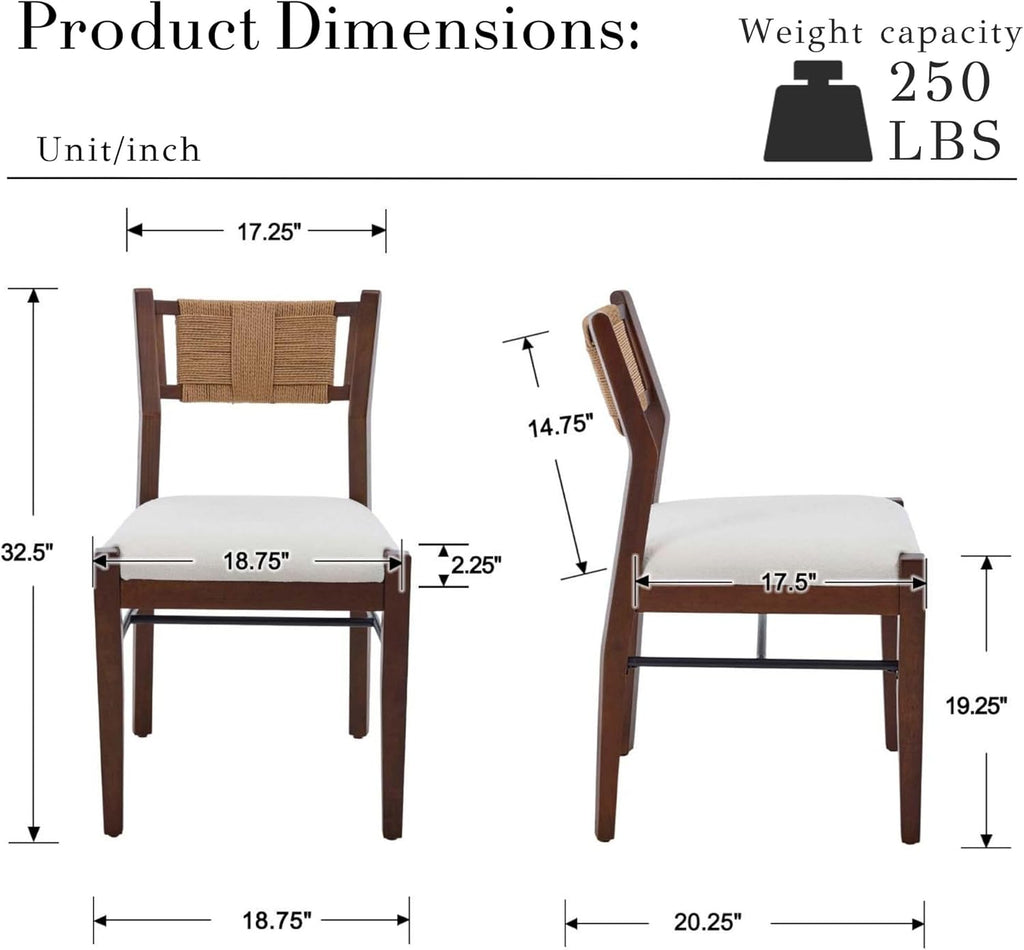 BESTANO Modern Armless Dining Chairs with Rope Woven Back Set of 2, White Upholstered Kitchen & Dining Room Chairs, Mid-Century Classic Farmhouse Wooden Side Chair