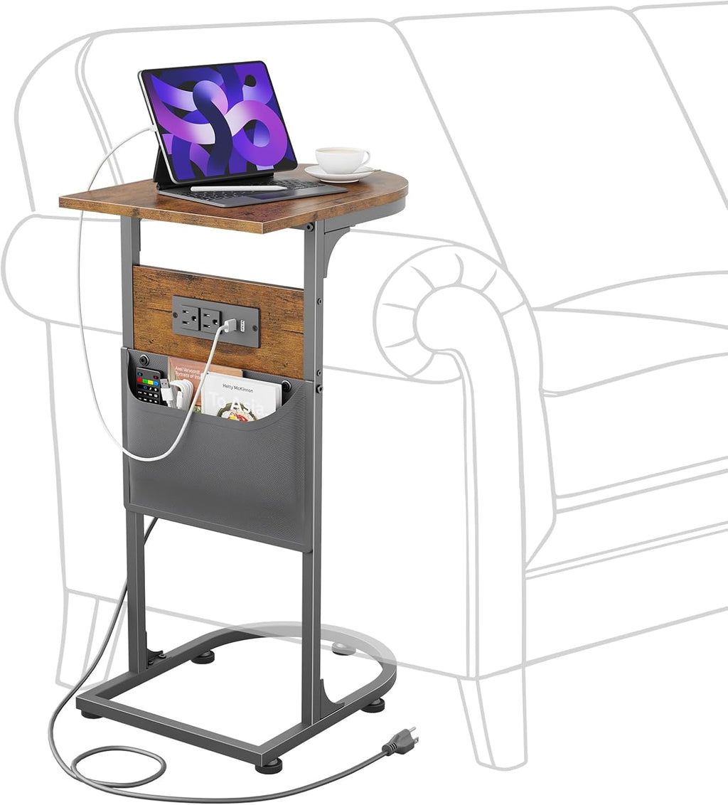 C Shaped End Table with Charging Station, Small Side Table for Couch, C Table Slides Under Sofa with Storage Bag, TV Tray Table for Recliner, Living Room, Bedside, Bedroom, Small Spaces, Rustic Brown