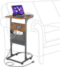 C Shaped End Table with Charging Station, Small Side Table for Couch, C Table Slides Under Sofa with Storage Bag, TV Tray Table for Recliner, Living Room, Bedside, Bedroom, Small Spaces, Rustic Brown