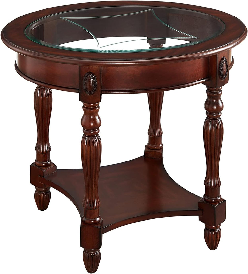 Vintage Solid Wood Oval End Table with Tempered Glass Top, 28"x24" Side Table with Carved Edge, Cherry Walnut Finish for Living Room