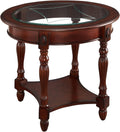 Vintage Solid Wood Oval End Table with Tempered Glass Top, 28"x24" Side Table with Carved Edge, Cherry Walnut Finish for Living Room