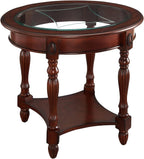 Vintage Solid Wood Oval End Table with Tempered Glass Top, 28"x24" Side Table with Carved Edge, Cherry Walnut Finish for Living Room