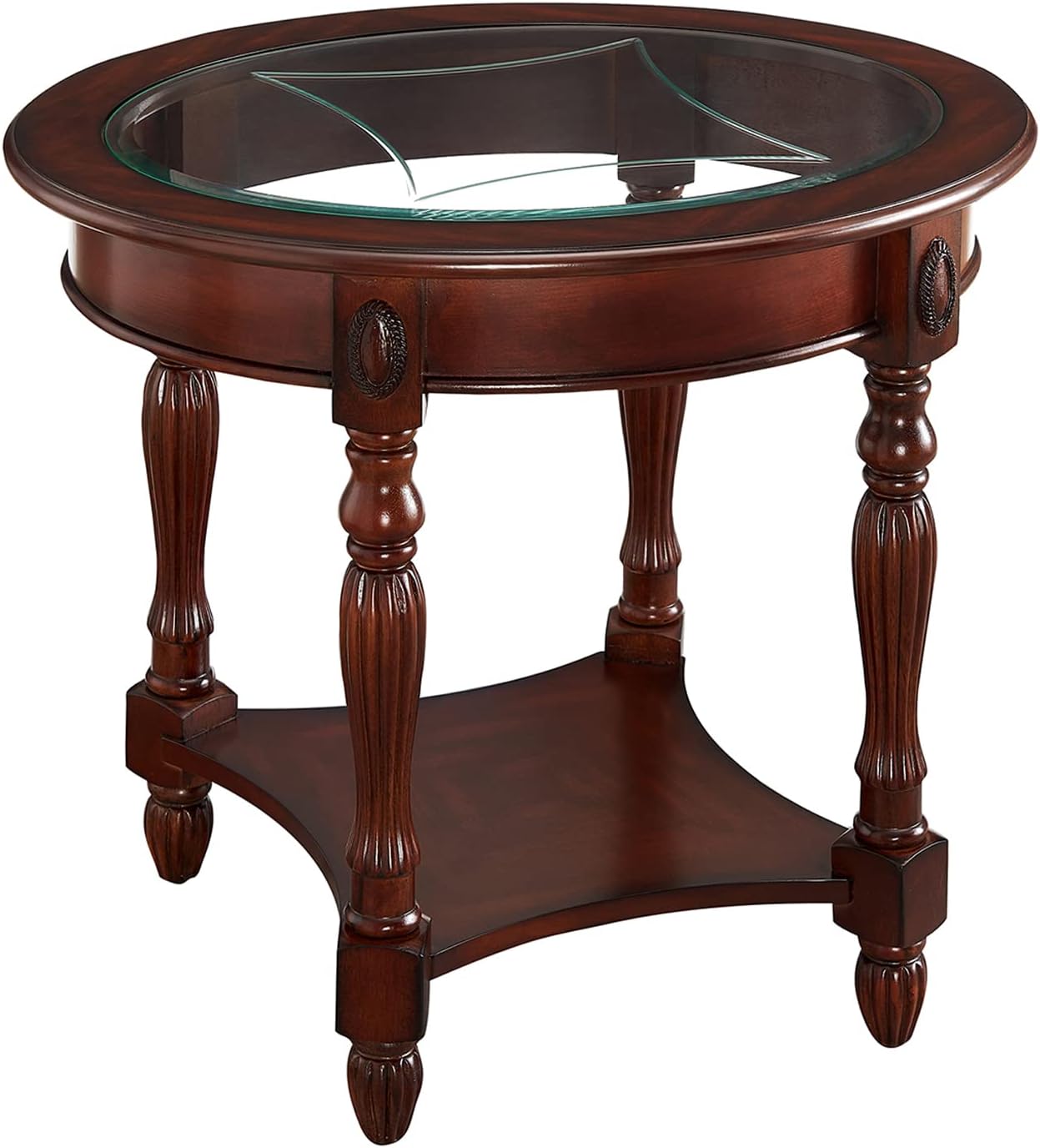 Vintage Solid Wood Oval End Table with Tempered Glass Top, 28"x24" Side Table with Carved Edge, Cherry Walnut Finish for Living Room
