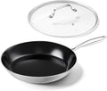 Stainless Steel Frying Pan with Lid 12 inch Titanium Ceramic Nonstick Frying Pan,Skillet with Stay-Cool Handle Non Toxic Healthy Ceramics Egg Pans,PFAS PFOA PTFE Free,Suitable for All Stove