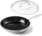 Stainless Steel Frying Pan with Lid 12 inch Titanium Ceramic Nonstick Frying Pan,Skillet with Stay-Cool Handle Non Toxic Healthy Ceramics Egg Pans,PFAS PFOA PTFE Free,Suitable for All Stove