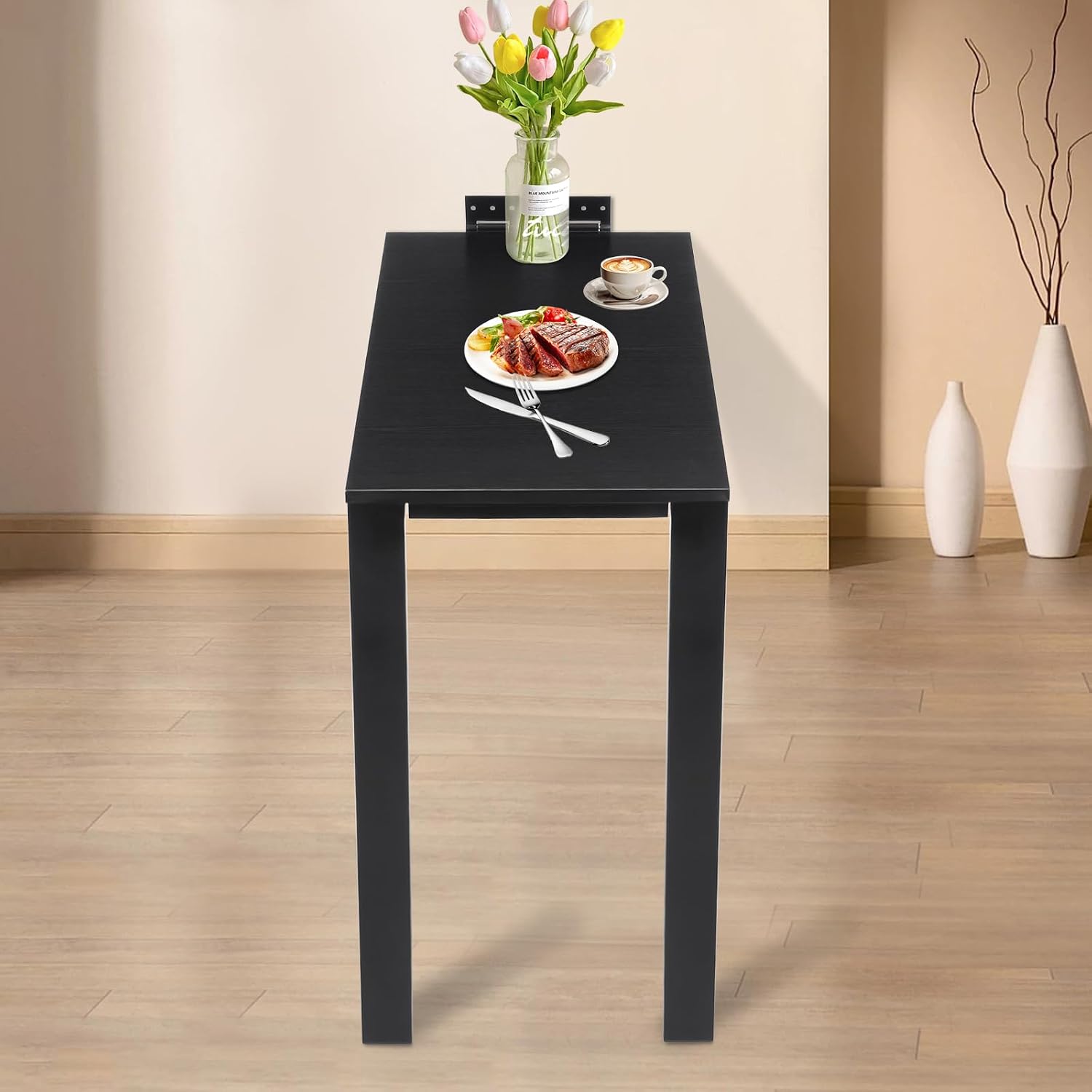 Folding Dining Table, Wall Mounted Folding Table with Support Legs, 29.52 x 15.75 x 29.13 Inch Sturdy Kitchen Desk, Wooden Desk for Small Space Bedroom Living Room Study Room Lounge Office (Black)