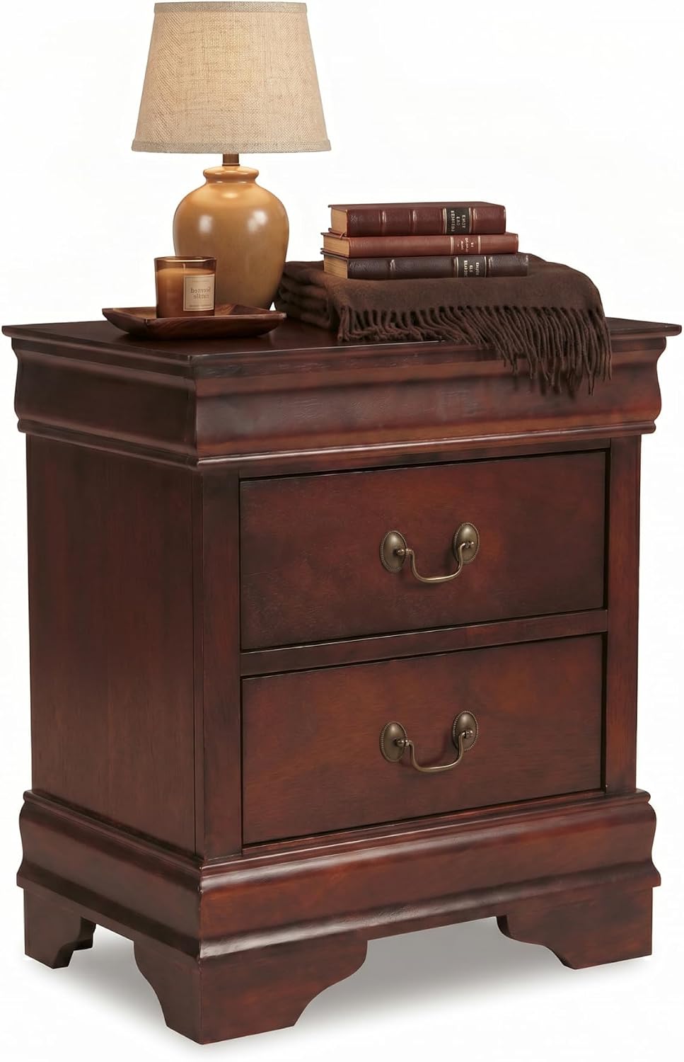 Signature Design by Ashley Alisdair 2 Drawer Nightstand, Reddish Brown | 21.63 in wide, Louis Philippe-style moulding, Metal slides beneath drawers, Antiqued bronze-tone pulls, Master bedroom use