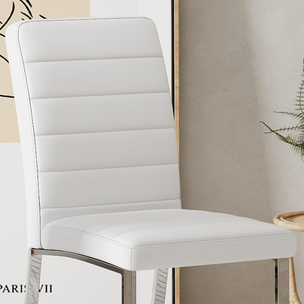 Modern Dining Chairs Set of 4, White Faux Leather Kitchen Chairs, Upholstered Armless Dining Room Chair with Silver Mental Legs Heavy Duty, Comfortable (White Chairs, Set of 4)