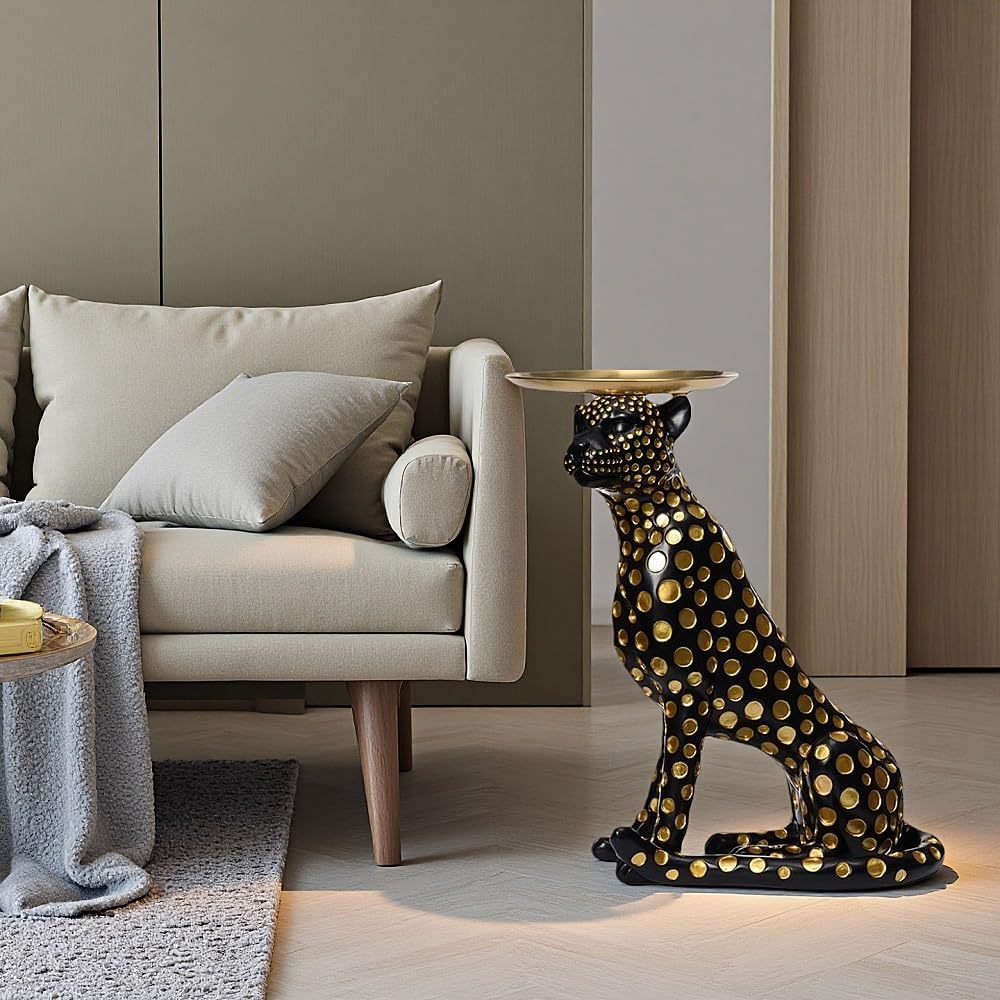 Luxury Panther Side Table with Tray, Fiberglass Resin Floor Sculpture, Decorative Accent Table for Living Room, Entryway, or Office(Black)