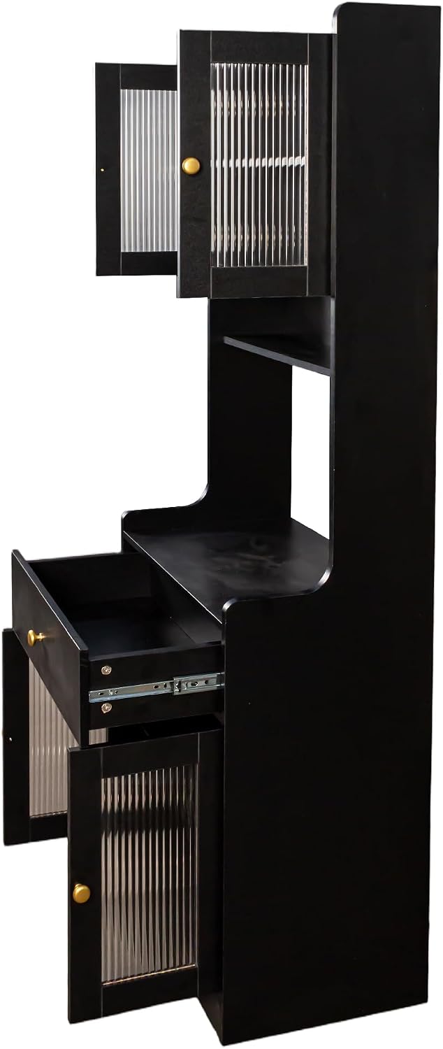 Black Tall Kitchen Pantry Storage Cabinet, Farmhouse Kitchen Hutch Buffet Cabinet with Microwave Stand & Drawer, Freestanding Coffee Bar Cupboard for Dining Room (Black)