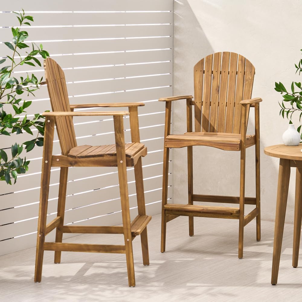 Adirondack Bar Stools, Set of 2 Natural Stained Acacia Wood Outdoor Barstools, Patio Counter Chairs for Backyard Deck Garden Porch Bar Seating