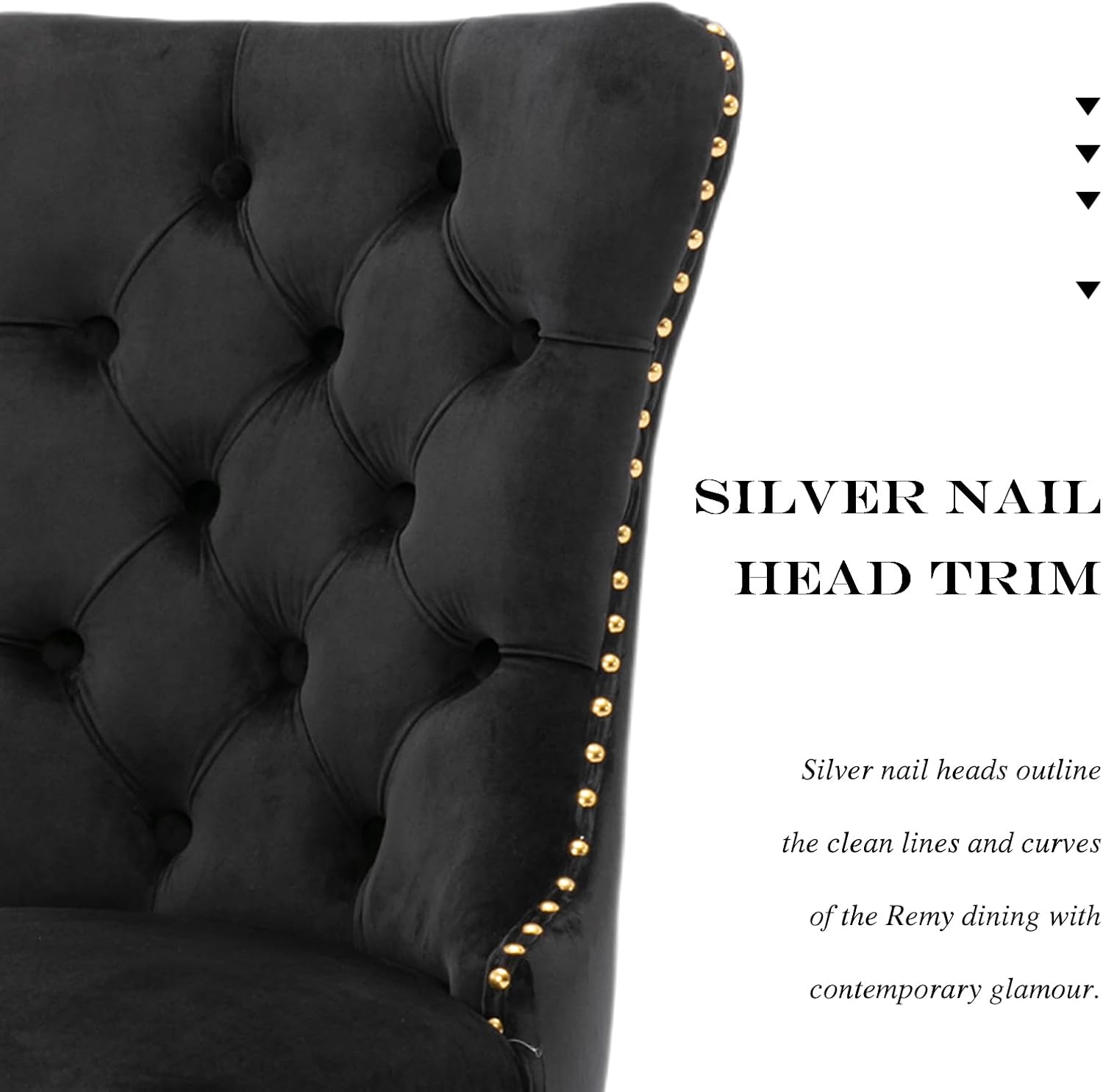 Velvet Dining Chair Set of 2,Upholstered Tufted Dining Room Chair with Nailhead Trim and Stainless Steel Gold Plated Leg for Kitchen,Black