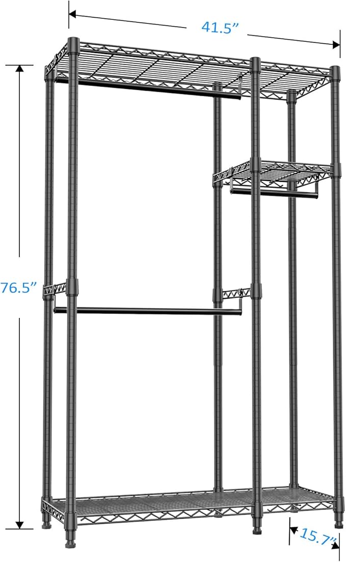 IZEUK Heavy Duty Garment Rack, Closet Organizer and Clothes Rack for Hanging Clothes with 3 Hang Rods, Freestanding Adjustable Metal Wardrobe, 15.7" D x 41.5" W x 76.5" H, Max Load 750LBS, Black
