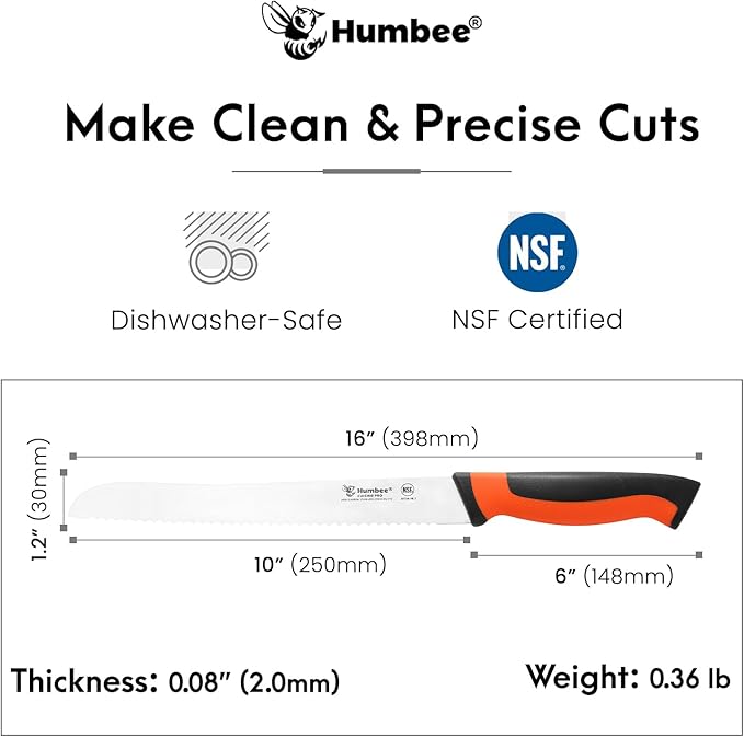 10-Inch Serrated Bread Knife, Premium High Carbon Stainless Steel Blade Knife for Bread with Ergonomic Handle, NSF Certified, DT-30 Series, Orange