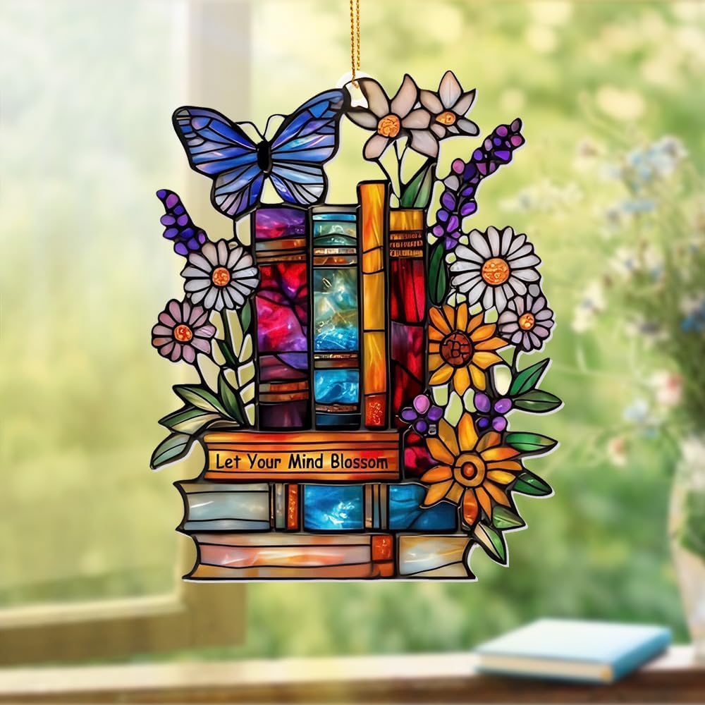 Book Ornament – Stained Glass Style Acrylic Christmas Ornament with,Teacher Back To School Gift, Bookish Gifts For Librarian, BookLovers,Reader, Women, Suncatcher Effect Decor For Christmas Tre,S-18