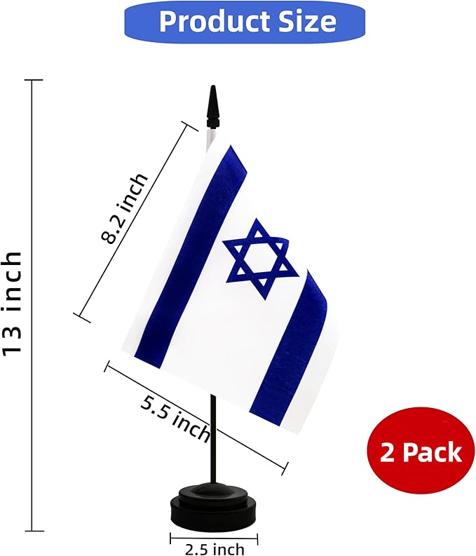 2 Pack Israel Desk Flag, Israeli Table Office Flag with Solid Pole and Stand Base, International Country Flag, Festival Celebration, Classroom Meeting Desktop Decoration (Israel)