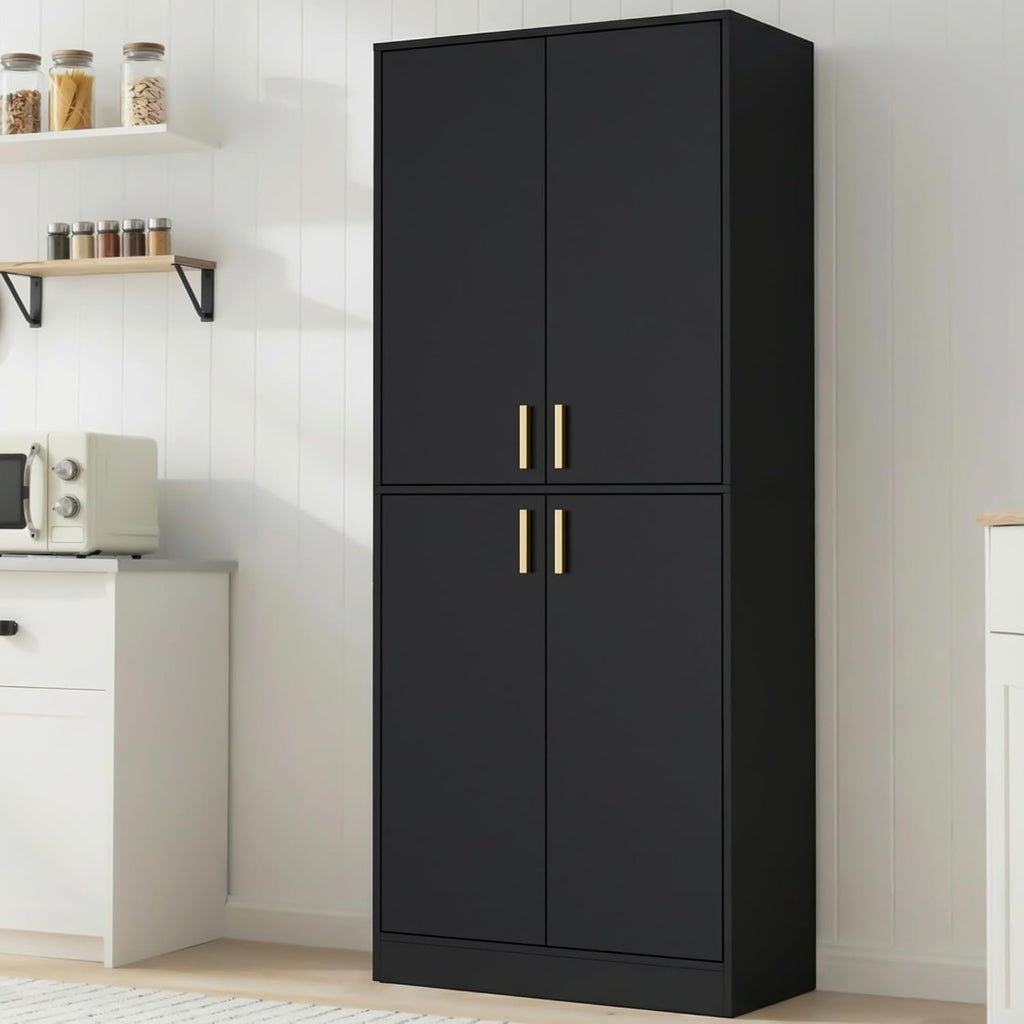Cozy Castle Kitchen Pantry Cabinet, 71" Tall Wood Storage Cabinet with Doors and Shelves 4 Doors Freestanding Cupboard for Dining Room Living Room Furniture, Black | Wood Storage Cabinet