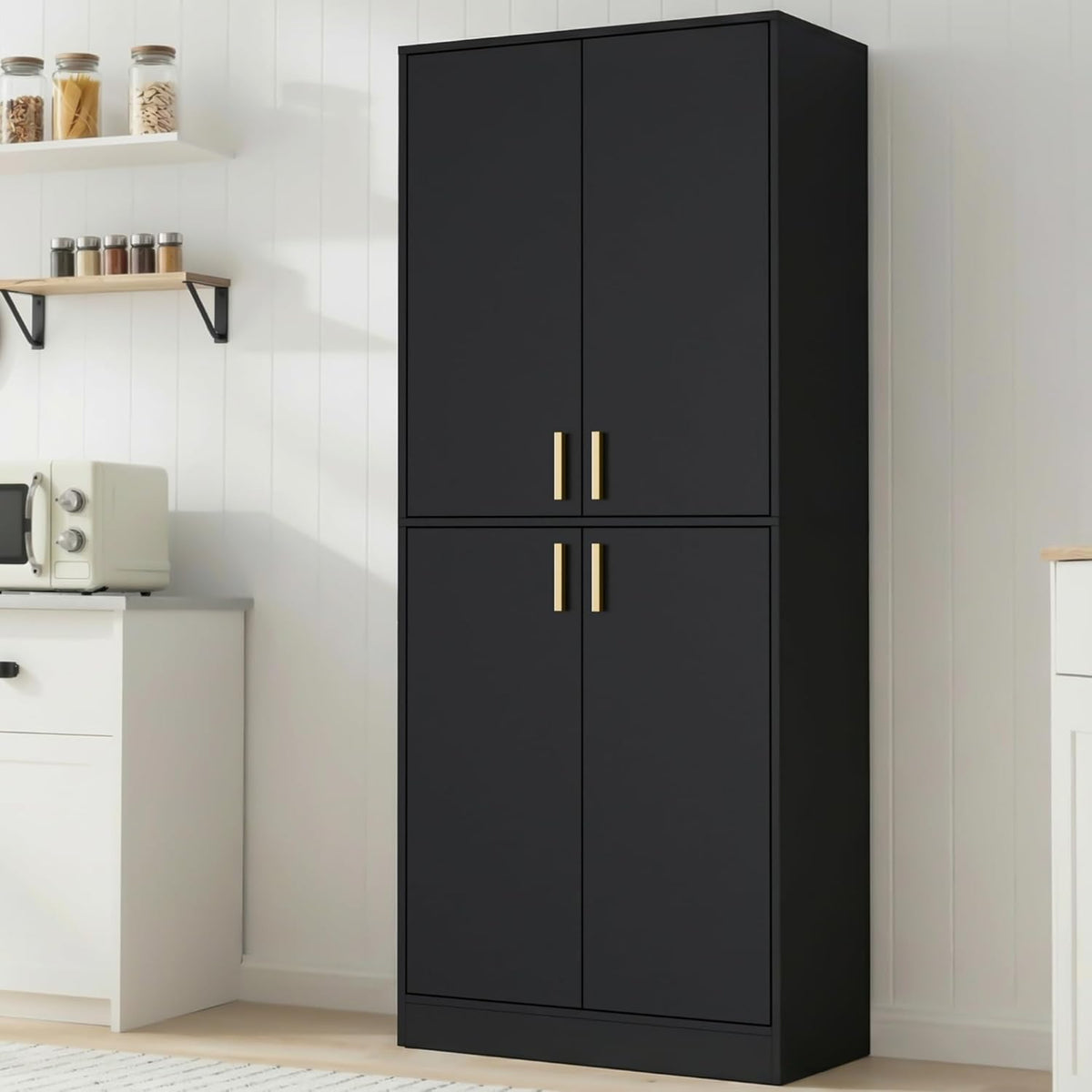 Cozy Castle Kitchen Pantry Cabinet, 71" Tall Wood Storage Cabinet with Doors and Shelves 4 Doors Freestanding Cupboard for Dining Room Living Room Furniture, Black | Wood Storage Cabinet