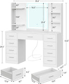 FIONESO Vanity Desk with Mirror and Lights, Makeup Vanity with 9 Drawers & Power Outlet, 5 Hooks & 6 Open Shelves, 3 Lighting Colors & Adjustable Brightness, White Vanity for Girls