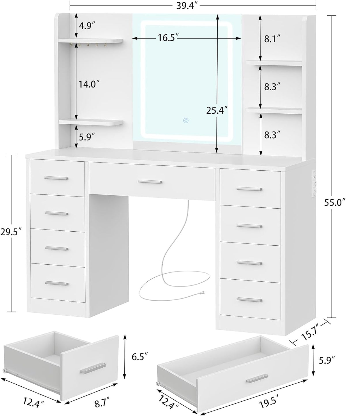 FIONESO Vanity Desk with Mirror and Lights, Makeup Vanity with 9 Drawers & Power Outlet, 5 Hooks & 6 Open Shelves, 3 Lighting Colors & Adjustable Brightness, White Vanity for Girls