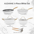 AUDANNE Nonstick Pots and Pans Set 9 Pieces, Non Stick Kitchen Cookware, Cooking Skillets Include Frying Pan with Lid, Saucepan, Casserole, Spoon, Turner Spatula, PFOA Free for Induction, White & Gold