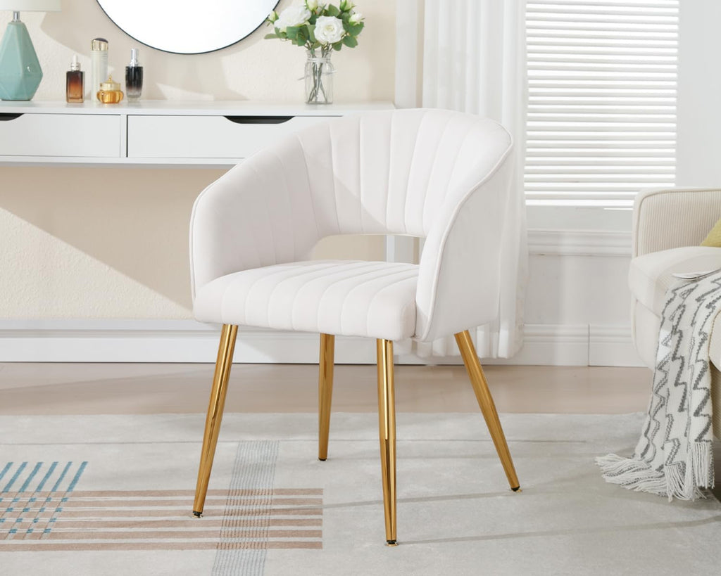 KCC Modern Velvet Desk Chair Accent Armchair Upholstered Tufted Chairs Dining Chairs, Tufted Vanity Chair Side Chairs with Gold Metal Legs for Dining Room Living Room Restaurant,1 PC &Cream