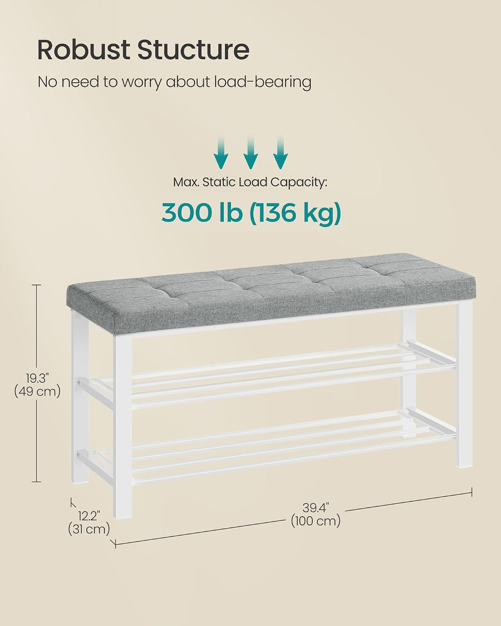 SONGMICS Shoe Bench, Storage Bench, Entryway Bench with Cushion | Shoe Shelf with Seat, Space-Saving, Modern Style, 39.4"W, Dove Gray and Cloud White ULBS579W01