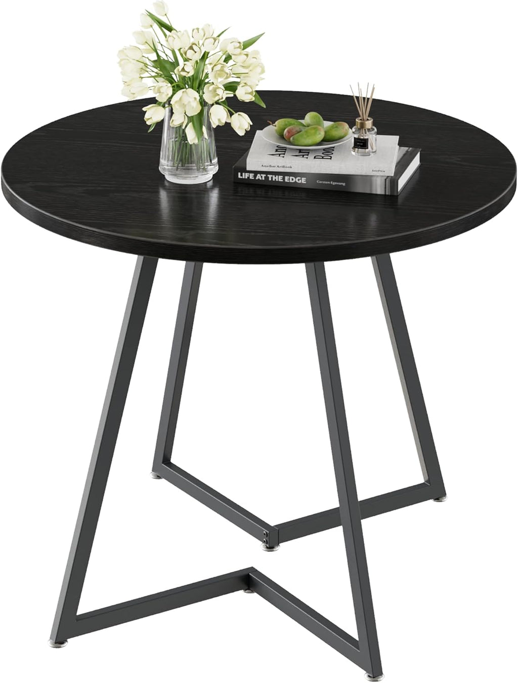 VECELO Round Dining Room Table with Wood Grain Tabletop and Steel Frame, for Kitchen, Living Room, Office, Conference, 2 to 4 Person, Black