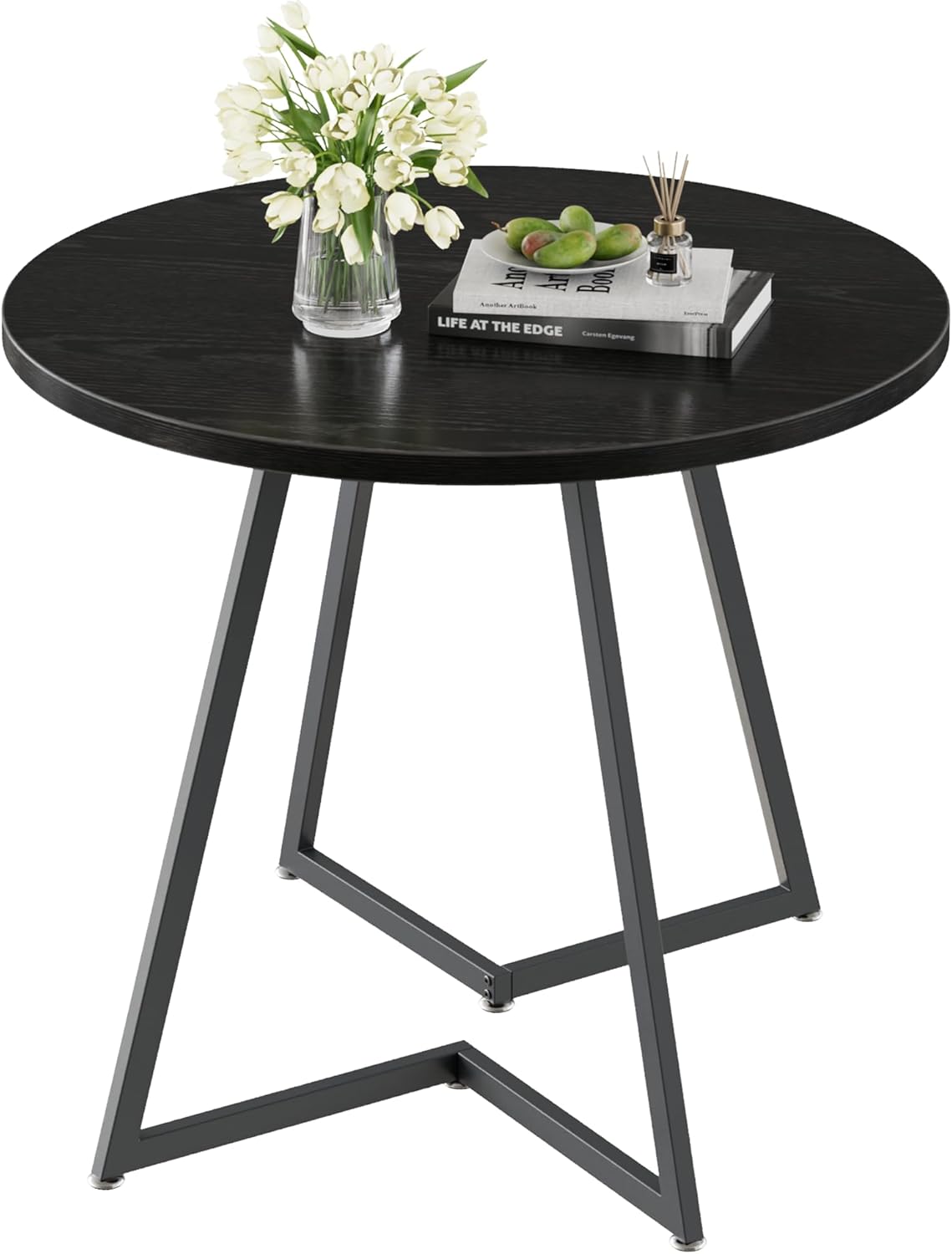 VECELO Round Dining Room Table with Wood Grain Tabletop and Steel Frame, for Kitchen, Living Room, Office, Conference, 2 to 4 Person, Black