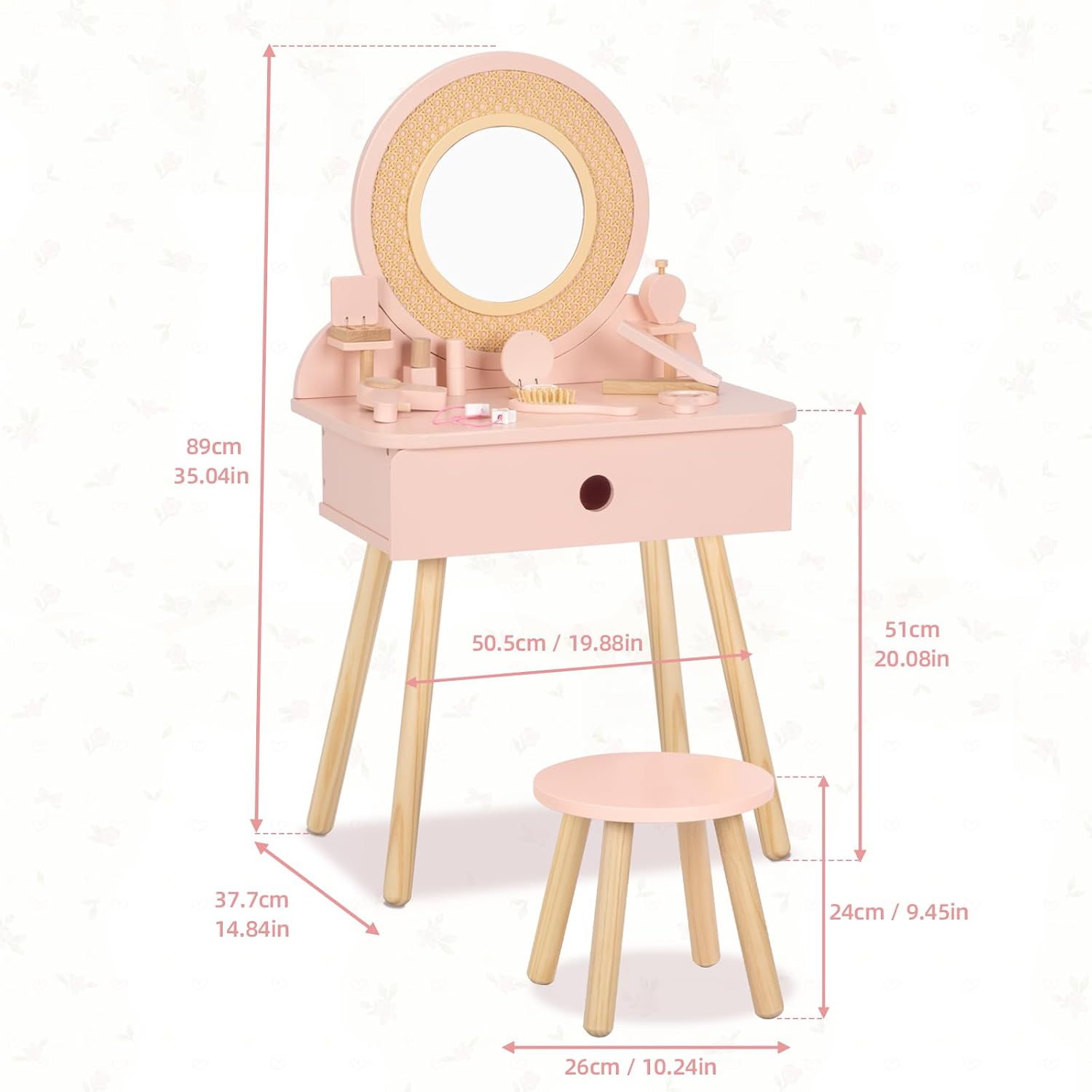 OOOK Toddler Vanity Set with 11pcs Accessories, Kids Vanity Table Chair Set | FSC Safety, Pink Pretend Makeup Toy with Straw Weaving Decor, Suitable for Girls Aged 3+